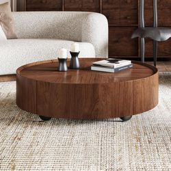 New Minimalist Luxury Walnut Round Coffee Table with Storage Drawers, Modern Living Room Center Table with Silent-Glide Drawers, Easy Assembly  New in