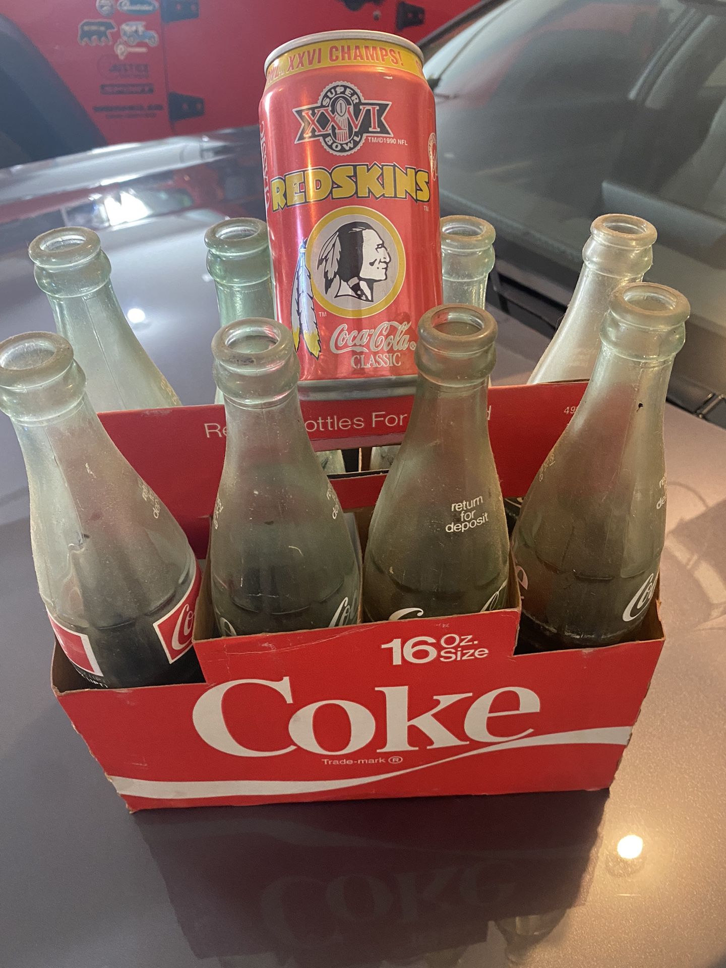 Old Coke Bottles With Case & Super Bowl Redskin Can