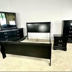 FREE DELIVERY & INSTALLATION - BRAND NEW Set of 5 pieces Bedroom Set Black Color (Queen size)