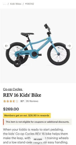 REI Co-op REV 16 Kids bike with training wheels and stand