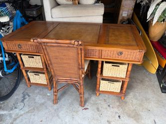 Tommy Bahama Rattan Desk with Wicker Baskets and Chair