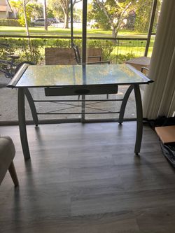 Modern Glass-Top Desk with Silver Metal Frame