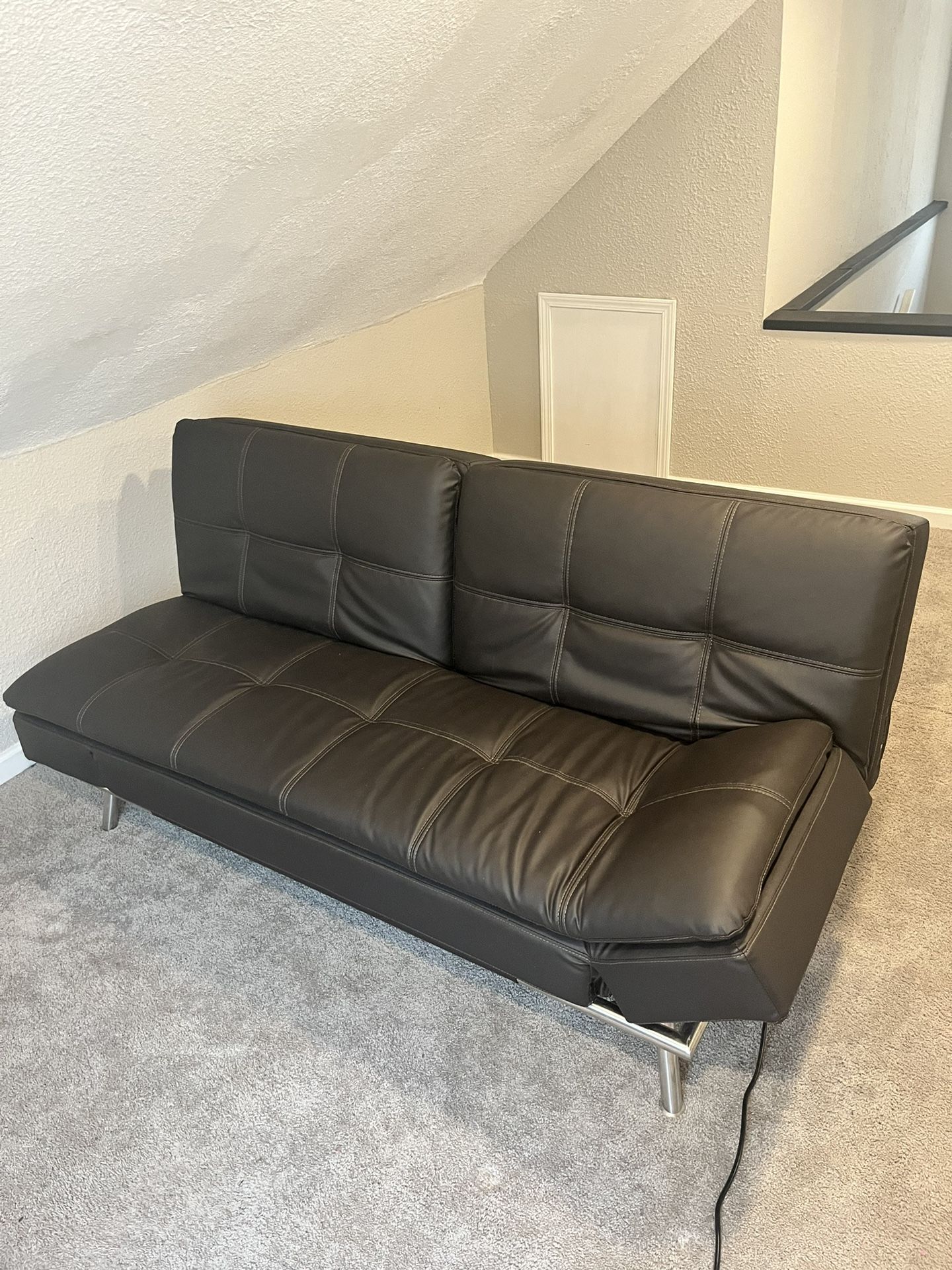 Brown Leather Futon with Charging Outlet