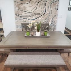 Beautiful 6 Pc  Gray Dining Set With Bench (New)