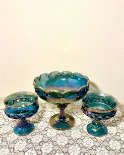 Vintage Iridescent Blue Carnival Glass Set – Teardrop & Kings Crown Patterns