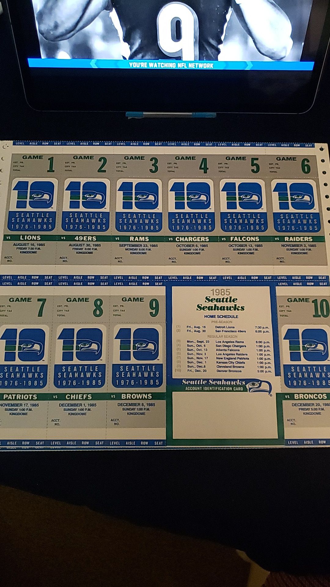 1985 uncut sheet of Seahawks tix