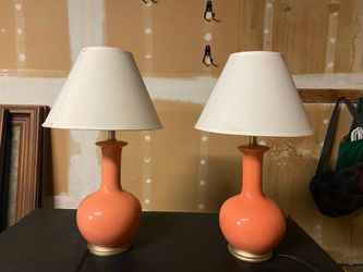 Pair of Orange Ceramic Table Lamps with Shades