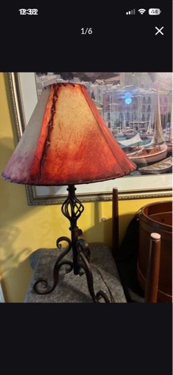 Tall Rustic Wrought Iron Table Lamp with leather rawhide shade