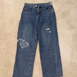 Ripped Wide Leg Jeans Blue Denim Straight Leg M