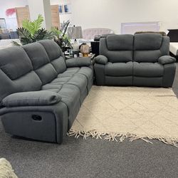 Reclining Sofa And Love Seat Couch In Grey Fabric Linen