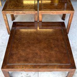 Baker Furniture Hollywood Regency Chinoiserie Burl Wood Side Tables & Coffee Table