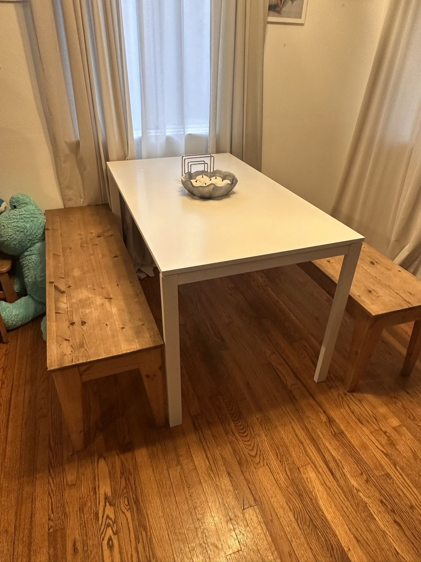 White Table & Wooden Benches