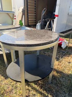 Round Granite Top Side Table with Lower Shelf
