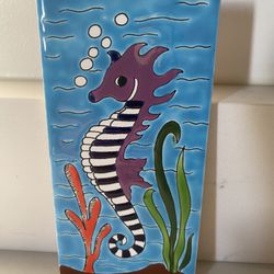 Vintage Seahorse Ceramic Tile, Hand-Painted Greek Wall Decor