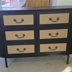 New 47" Black Rattan 6 Drawer Dresser for Bedroom, Wide Modern Chest of Drawers with Curved-Top