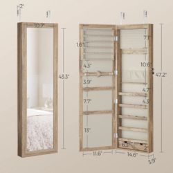 SONGMICS 6 LEDs Mirror Jewelry Cabinet Wall or Door Mounted Armoire Organizer - Toasted Oak