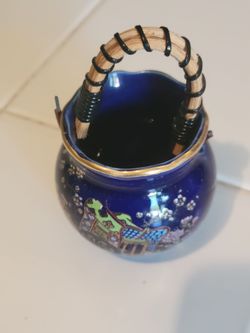 Vintage Japanese Satsuma Cobalt Blue Ceramic Pot with Rattan Handle
