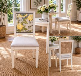 Custom designer set of 7 dining chairs in Schumacher fabric