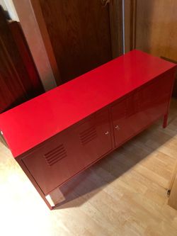 IKEA Red Locker TV Stand, or multi use, durable cabinet in red metal that fits almost anywhere, Good condition, see all pictures posted/