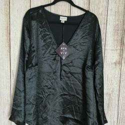Ava & Viv Plus Size Womens long-sleeve, tie-neck satin blouse black, size 2X NEW