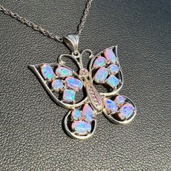 Jewelry .925 sterling silver wheat link chain necklace 18.00” 1.00mm butterfly opal stone 2.50CTW pendant charm