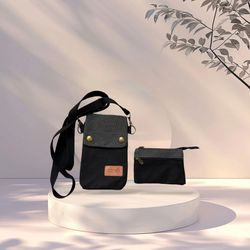 New Black / Grey Canvas -Cotton Crossbody/Coin Wallet 2 Piece Matching Bags Set