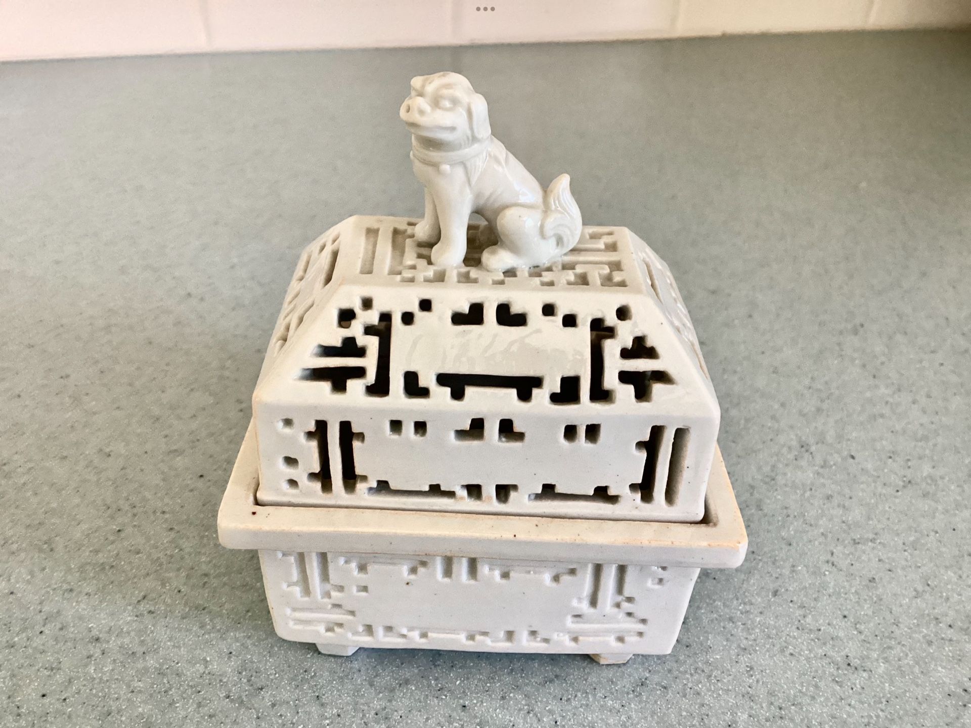 Pre- WWII Porcelain Blanc De Chine Incense Burner Fu Dog Lidded Reticulated