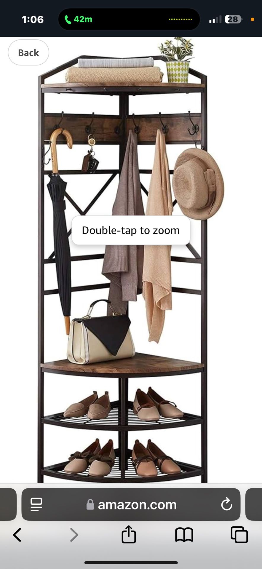 Corner Hall Tree with Shoe Bench, Entryway Coat Rack with 6 Double Hooks, Retro Brown