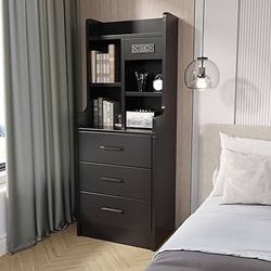 Nightstand With 4 Charging Ports - Shelves - Drawers - Storage