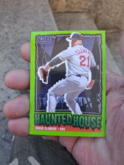 2026 Panini Score-A-Treat Roger Clemens (#243) "Haunted House" Green Border Parallel insert card featuring Boston Red Sox legend. Near Mint/Mint Condi