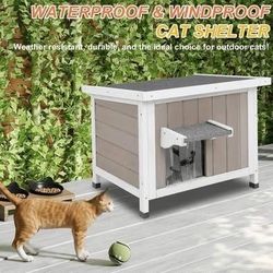 New Outdoor Cat House, Weatherproof Solid Wood Cat Shelter with Openable Roof for Small Animals