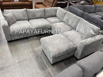 NEW Light Grey Fabric Modern Sectional Sofa and Ottoman Set Designer Ashley Style Big SALE Discount Furniture Warehouse Ivory white beige black 