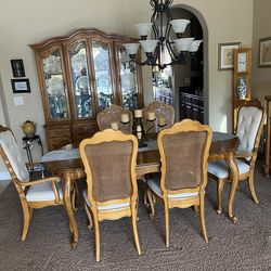 Solid Wood Dining Table + Matching Glass-Front China Hutch (Sold as Pair)