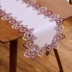 White Burgundy Jacquard Lace Table Runner 72 inches Dresser Scarf
French Dresser Runner, Cutwork Border, Burgundy Christmas Decor, Wedding Party Home