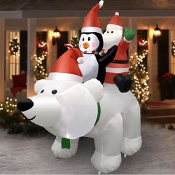 Christmas Inflatables Outdoor Decorations, 6.6FT Long Inflatable Polar Bear with Santa and Penguin Christmas Blow Up Yard Decorations with Built-in LE