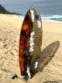 Surfboard Art, 57 inches, Hawaiian Monkeypod, and floral design