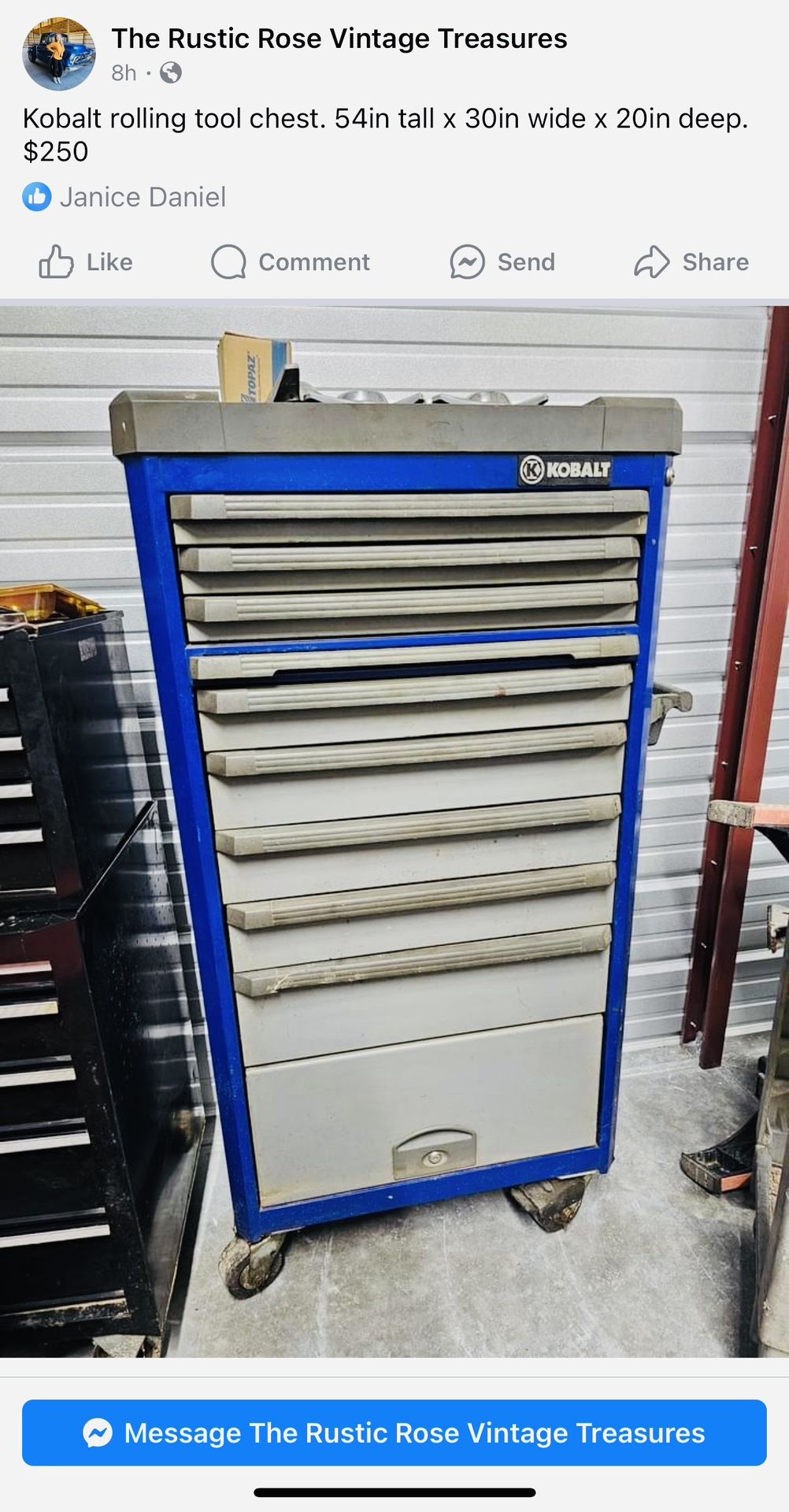 Kobalt Rolling Tool Box 54in tall x 30in wide x 20in deep.
