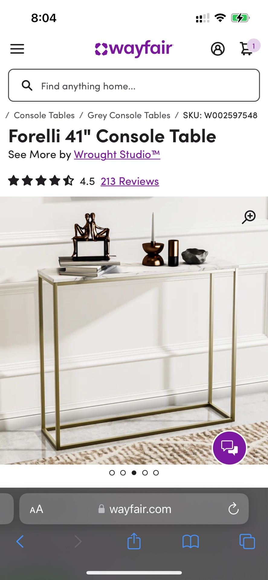 Wayfair Gold and Faux Marble Console Table 