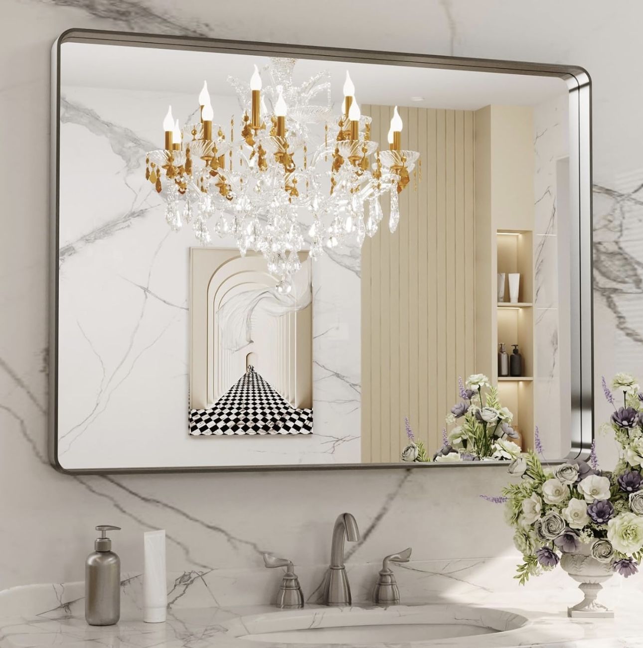 LOAAO 40X24 Inch Brushed Nickel Bathroom Mirror, Rounded Rectangle Silver Metal Frame Mirror, Brushed Nickel, Anti-Rust, Hangs Horizontally or Vertica