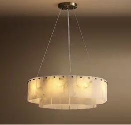 23.6 in. White Alabaster Chandelier 9-Light Gold Modern Luxury Brass Pendant Round for Dining Living Room Kitchen Island