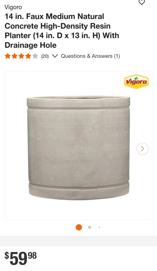 Vigoro
14 in. Faux Medium Natural Concrete High-Density Resin Planter (14 in. D x 13 in. H) With Drainage Hole