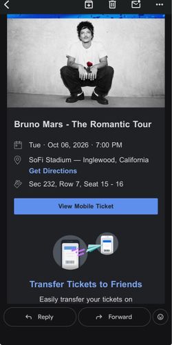 Bruno Mars The Romantic Tour Tickets x2