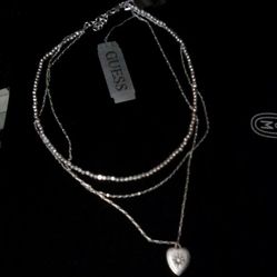 New Guess Brand 3 Strand Silver -Tone Chain Metal Necklace Adj Choker 