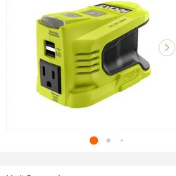 Ryobi ONE+ 18V 150-watt power inverter. Has 120-volt AC outlet and USB-A ports (2.4A, 5VDC). Super handy for charging phones, tablets, laptops, or run
