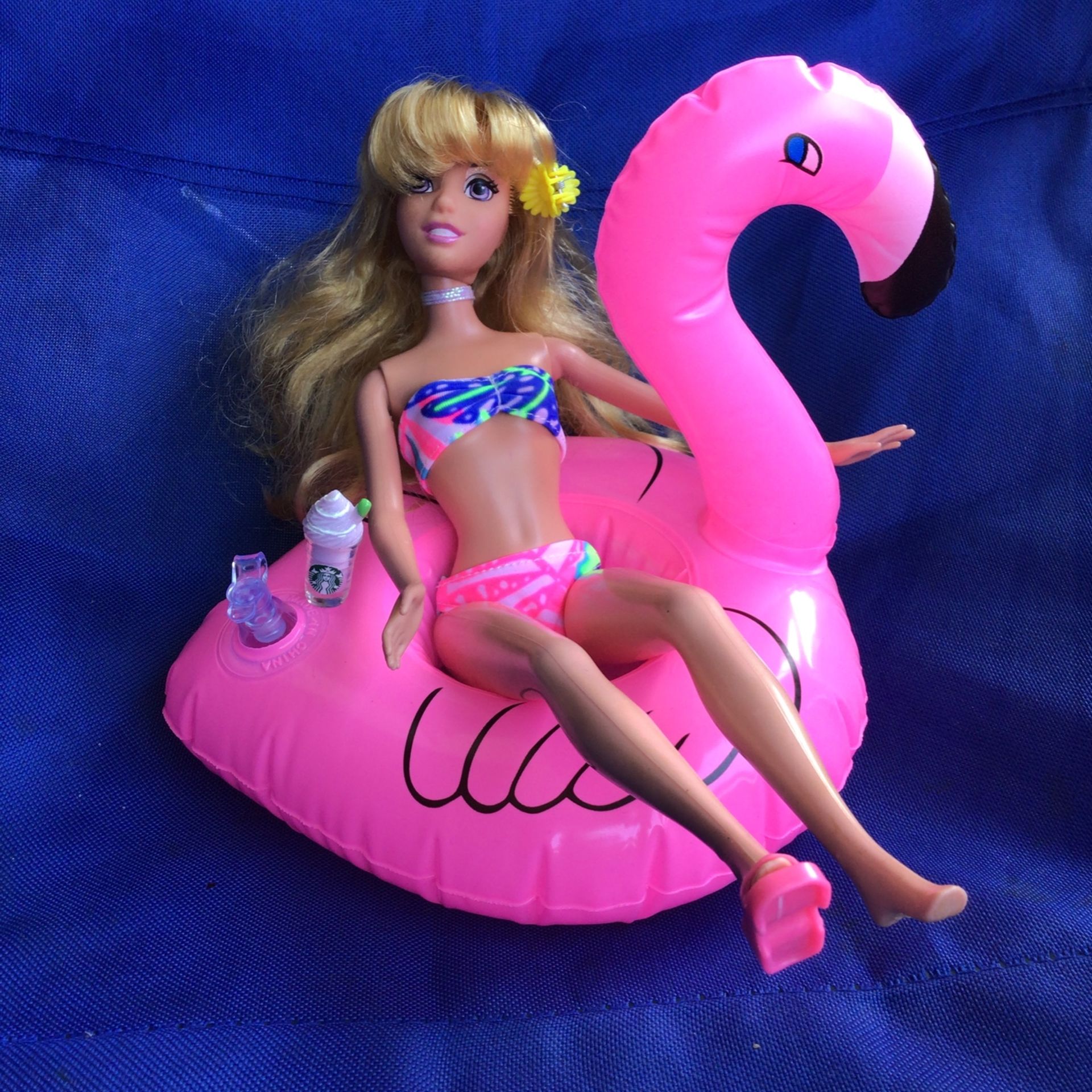 Barbie Doll And accessories ,flamingo and Starbucks drink