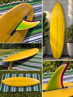Vintage circa-1969/70 transition-era single-fin surfboard — 5’10” × 19⅝” × 2¾”, with period Fins Unlimited Vari-Set–style adjustable fin system and vi