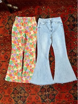 Two Flared Pants Floral Print and Light Wash Denim Bell Bottoms