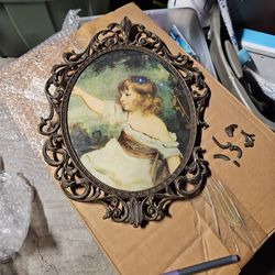 Vintage silk painting in brass frame 