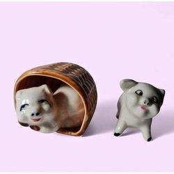 Vintage Miniature Ceramic Pig Figurines Set of 2 - Glazed Farmhouse Decor
