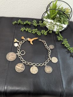 Antique silver pocket watch chain with old silver coins